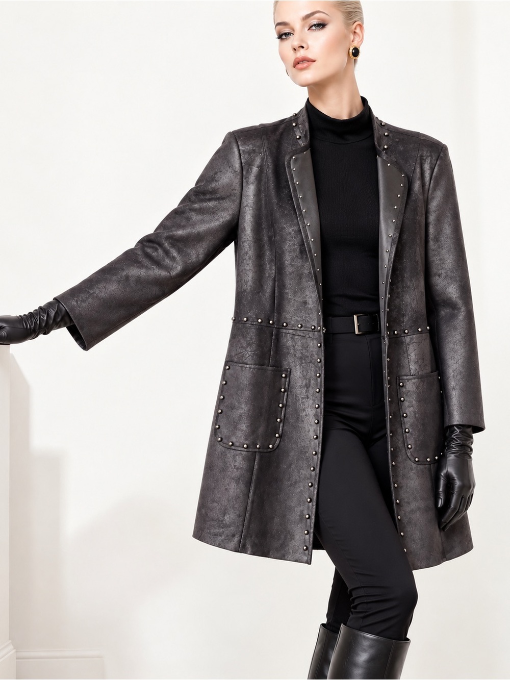 Joseph Ribkoff Black Faux Leather Studded Jacket